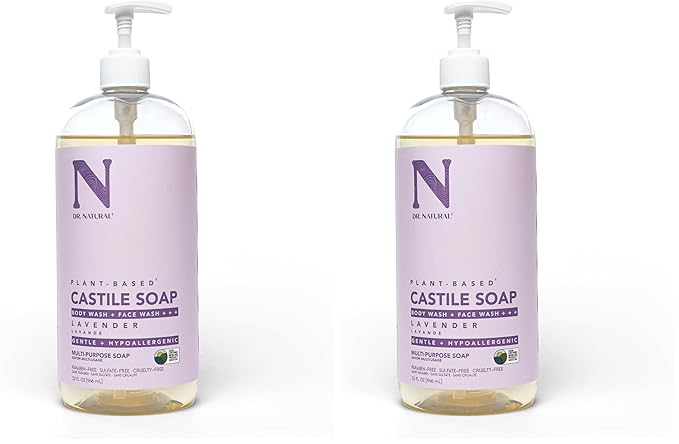 Dr. Natural Castile Liquid Soap - Multi-Use Body Wash,Shampoo and Face Wash - Hydrating Body Soap for Skin,Hair,Pets and Home - Lavender - 32 oz,(Pack of 2)