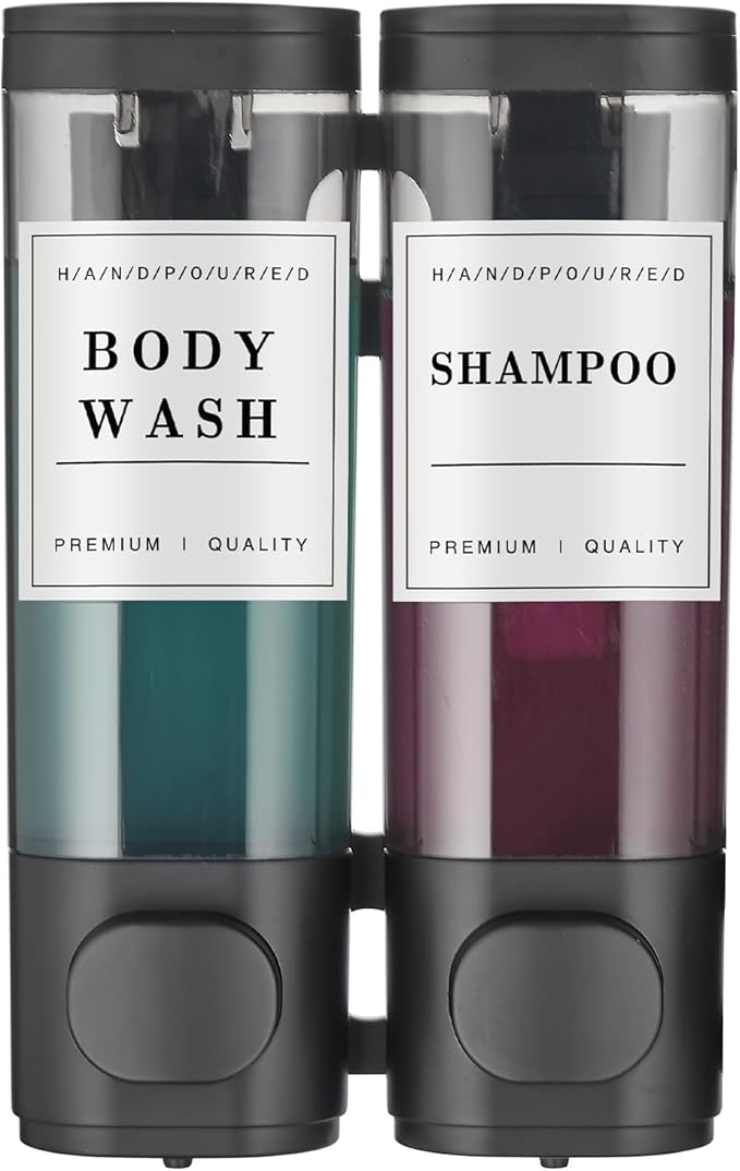Shampoo and Conditioner Dispenser Shower Dispenser Body Wash Wall Mounted Shampoo Dispenser for Shower Wall No Drill for Bathroom Hotel 2 Chamber x 300ml Black with Waterproof Labels