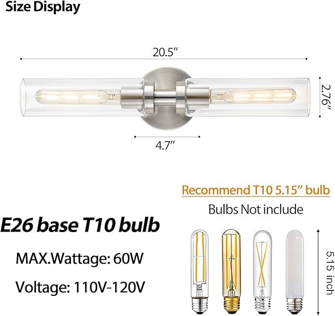 2-Light Brushed Nickel Bathroom Light Fixtures Over Mirror Modern Vanity Light Wall Lighting with Clear Glass Shade for Bathroom, Bedroom, Hallway, Cabinet