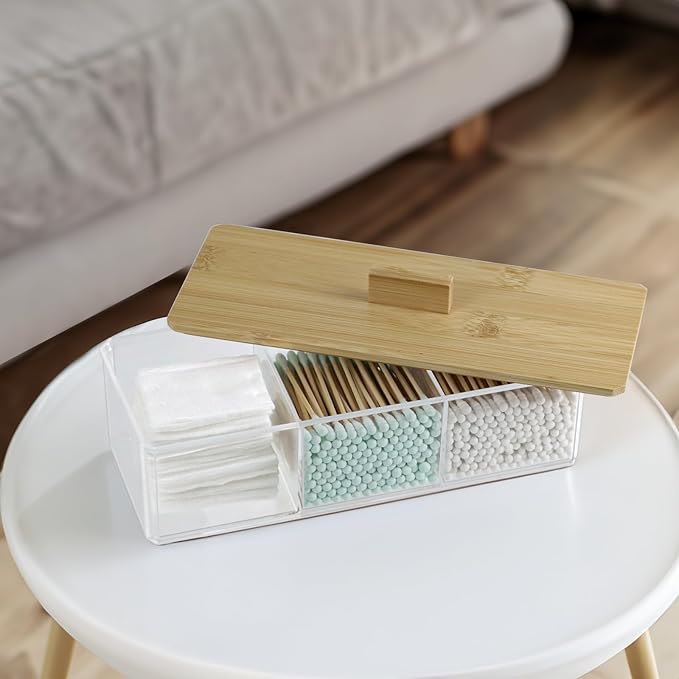 Clear Bathroom Dresser Organizer - Cotton Ball Swab Holder with 3 Divided Compartments&Lid, Waterproof Transparent Small Plastic Storage Containers, Vanity Makeup Organization