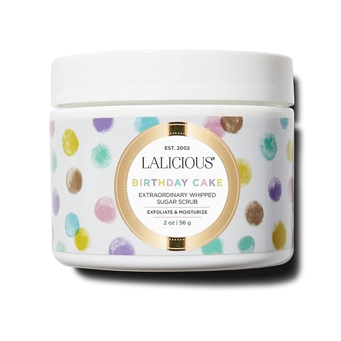 LALICIOUSSugar Kiss Sugar Scrub for Body, Exfoliating Body Scrubs for Women, Moisturizing Body Exfoliator with Coconut Oil & Honey for Radiant Skin, Zero Greasy, No Parabens (Birthday Cake 2oz)