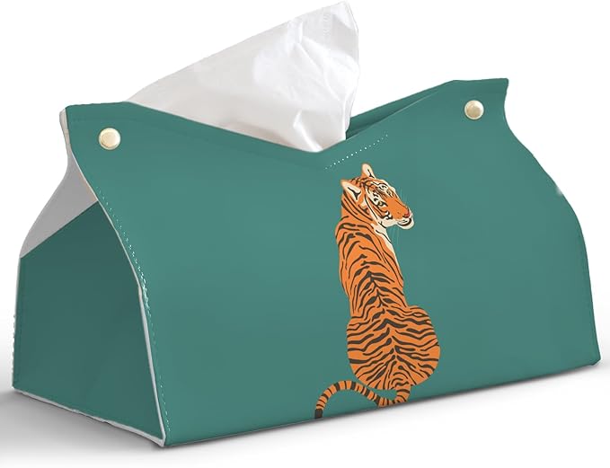 Green Tiger Leather Tissue Box Cover Rectangle,Vintage Tiger Decor Toilet Paper Box Holder,Decorative Facial Paper Case for Farmhouse Living Room Bathroom Kitchen Office Desk,9.8x5.9x5.9In