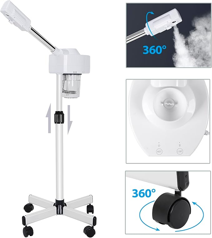 Saicool Professional Facial Steamer - Standing Ozone Facial Steamer on Wheels w Hot Mist for Facial Treatment Personal Care for Spa Salon Home Use