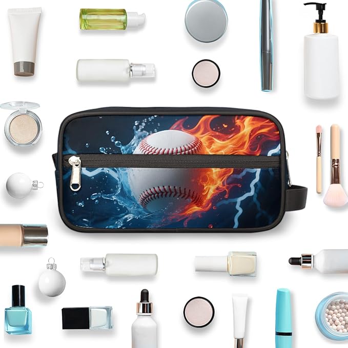 Abstract Fire Water Baseball Kids Toiletry Bag for Boys Girls, Cosmetic Makeup Bag with Handle, Travel Shaving Kit Organizer, Waterproof Portable Wash Bag for Gym Vacation Camping Sports