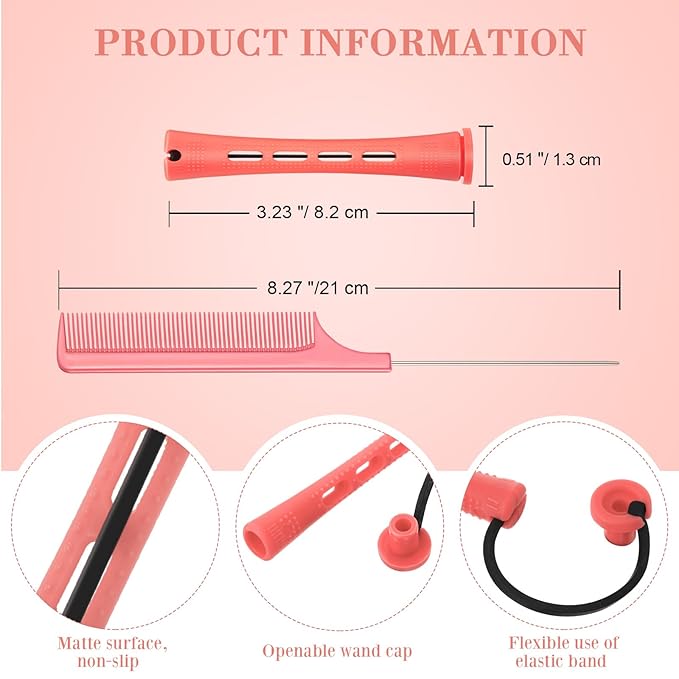 Chuangdi 24 Pcs Hair Perm Rods Plastic Cold Wave Perming Curlers Hair Rollers with Steel Pintail Comb Rat Tail Comb Tools for Hairdressing Styling(Pink,0.51 Inches)