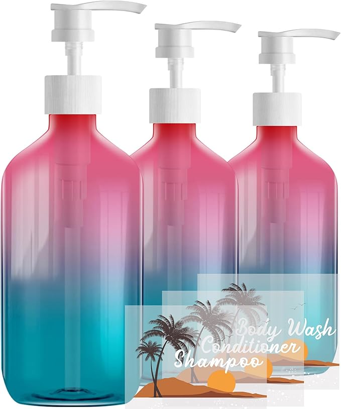 500ml Refillable Plastic Bottles with Pump Dispenser – 3 Pack Gradient Containers, BPA/Paraben-Free, Ideal for Travel Toiletries, Includes Labels