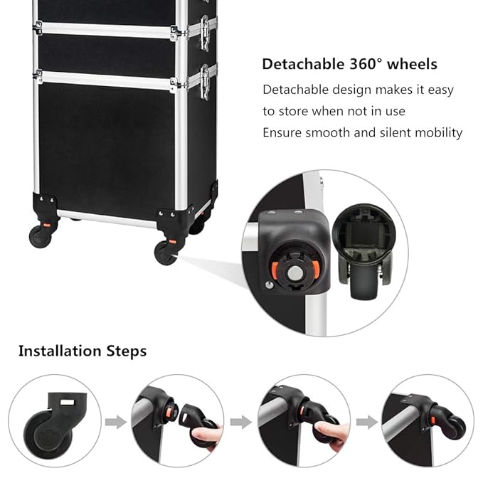 mefeir 4 in 1 Rolling Makeup Train Case, Aluminum Makeup Travel Organizer Cosmetic Case, Cosmetology Display Suitcase on Wheels, Beauty Storage Luggage Lockable w/4 Removable Wheels (Black)