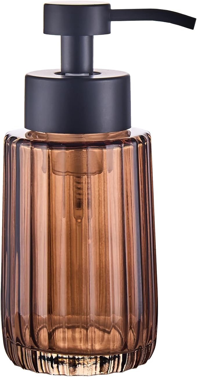 Easy Tang Glass Foaming Brown Soap Dispenser with Black Pump, 12 OZ Vintage-Inspired Modern Glass Refillable Bottle, Hand Soap for Bathroom Countertop and Kitchen