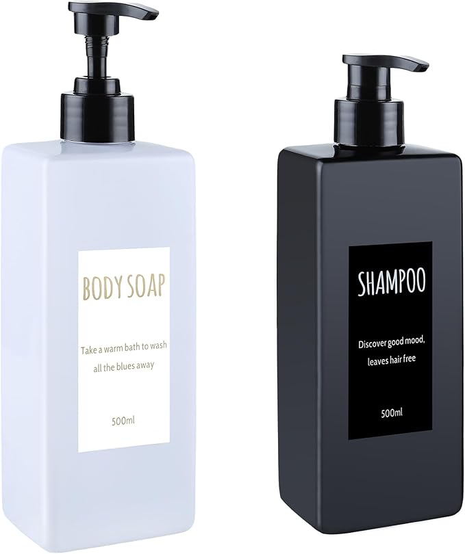 Shampoo and Conditioner Dispenser (Set of 2, 16.9oz) Modern Refillable Shampoo Pump Bottles for Shower Soap - Empty Body Wash Dispenser Set for Bathroom (White+Black)