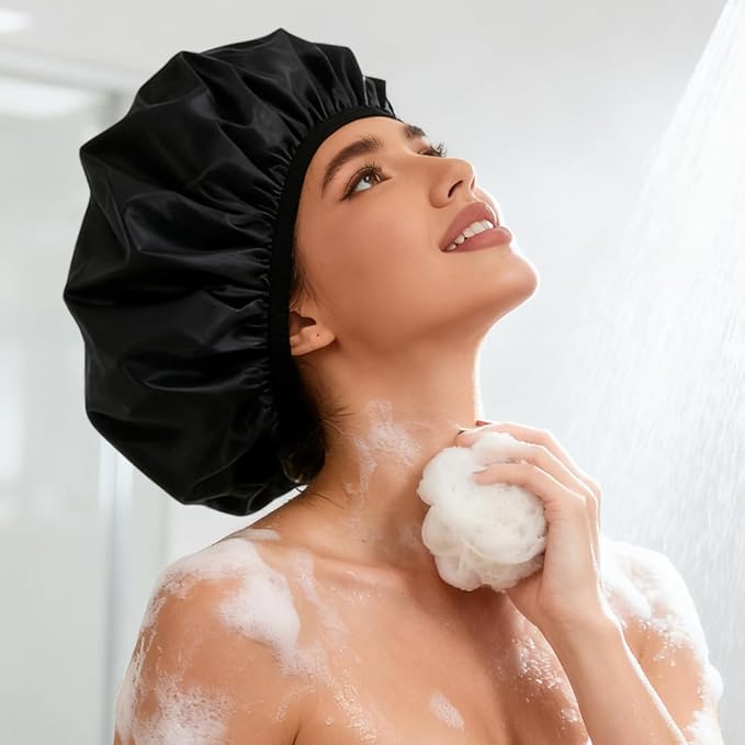 Shower Cap for Women, 2-in-1 Reusable Waterproof Shower Cap with Terry Cloth Lining, Bath Cap for Long Curly Thick Hair(Black)