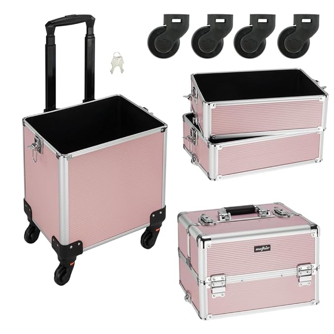 mefeir 4 in 1 Rolling Makeup Train Case, Aluminum Makeup Travel Organizer Cosmetic Case, Cosmetology Display Suitcase on Wheels, Beauty Storage Luggage Lockable w/4 Removable Wheels (Pink)
