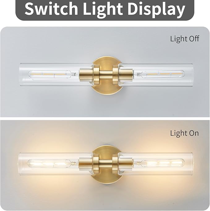 2 Light Bathroom Wall Sconce Set of 2,Modern Farmhouse Brushed Brass Gold Bathroom Light Fixture Over Mirror with Clear Glass Shade,Vanity Light for Hallway Cabinet Bedroom Stairway Porch