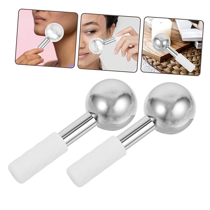 FRCOLOR 2pcs Stainless Steel Facial Ice Globes for Skincare Handheld Massage Tool for Face and Neck Ergonomic Design for Muscle Relief and Swelling Reduction