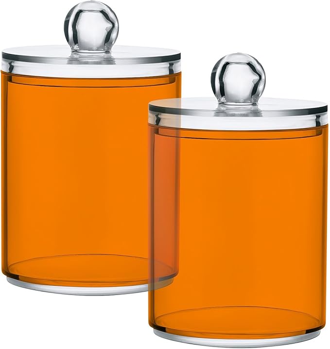 Orange Qtip Holder Organizer Dispenser Cotton Swabs Cans Plastic Jars with Lid Set 2 Pack Bathroom Storage Canister for Cotton Ball Floss Cotton Pads