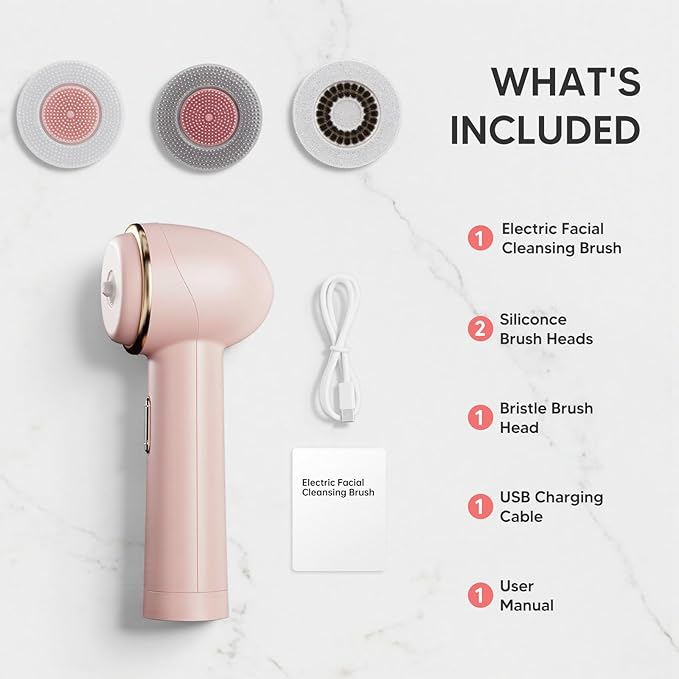Teen Girls Electric Facial Cleansing Brush – Rechargeable Waterproof Dual Rotating Face Scrubber with 3 Interchangeable Heads, Soft Silicone Exfoliator, Perfect Skincare Gifts