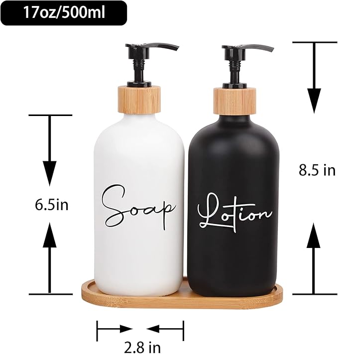 17 oz Hand Soap Dispenser Empty Glass Lotion Pump Bottles, Refillable Liquid Dish Soap Bottles for Bathroom Decor, Kitchen Sink, Matte Design and Wood Tray, Pack of 2, Black + White