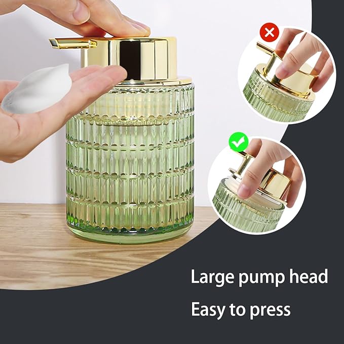 2pcs Green Foaming Soap Dispenser, Glass Foam Hand Soap Dispenser with Gold Pump, 10 Oz Bathroom Refillable Liquid Lotion Pump Ribbed Bottle Container for Countertop Decor