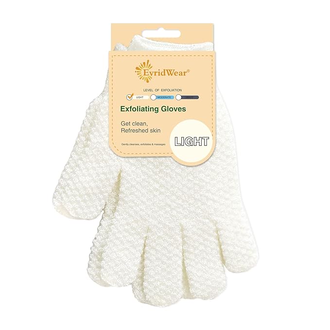Evridwear Exfoliating Dual Texture Bath Gloves for Shower, Spa, Massage and Body Scrubs, Dead Skin Cell Remover, Gloves with Hanging Loop (1 Pair Light)
