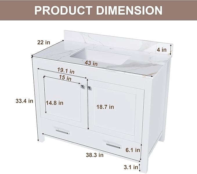 Montary 42" Bathroom Vanity with 43" Sintered Stone Carrara Gold Top, Modern Stylish MDF Bathroom Storage Cabinet, Vanity Set with 2 Doors and One Large Divided Drawer, White (Single Hole)