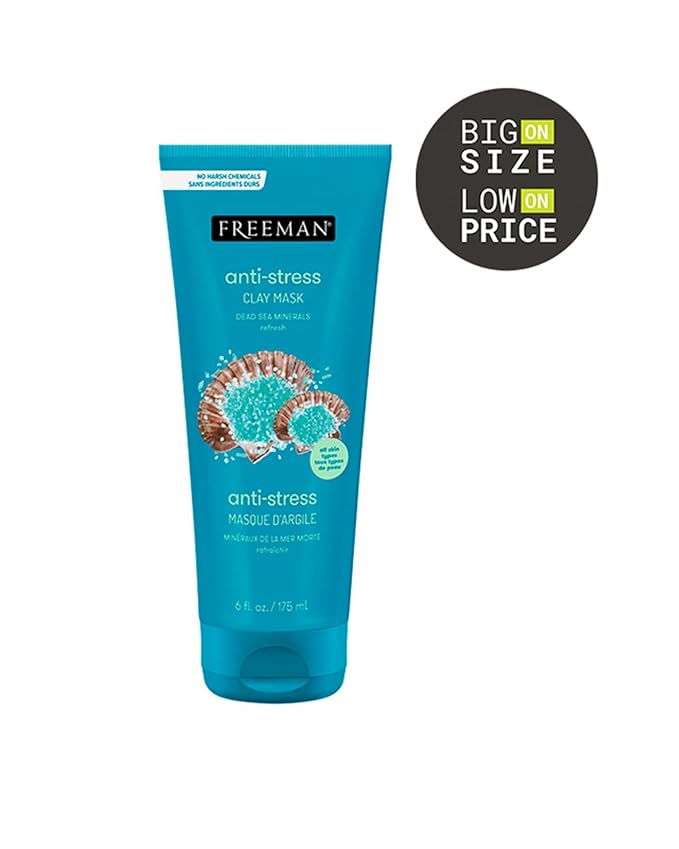 FREEMAN Dead Sea Minerals Anti-Stress Clay Facial Mask, Hydrating & Clarifying, Clears Pores, Face Mask With Lavender & Bergamot For Radiant Skin, Skin Types, 6 fl. oz./175 mL Tube (Pack of 2)