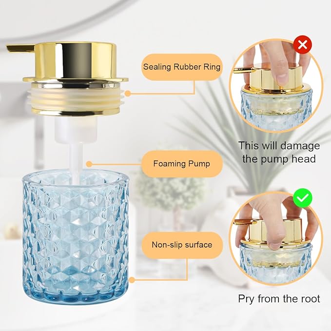Blue Glass Foaming Soap Dispenser, Bathroom Refillable 10 Oz Foam Hand Soap Dispenser, Vintage Lotion Shampoo Container Gold Large Pump Bottle for Bathroom Countertop and Kitchen Decor