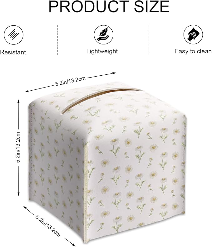 Tissue Box Cover Square - White Daisy Floral Tissue Box Holder with Bottom Belt, Leather Facial Paper Organizer for Bathroom Vanity Countertop, Nightstands, Dining Table, Office, Car -21