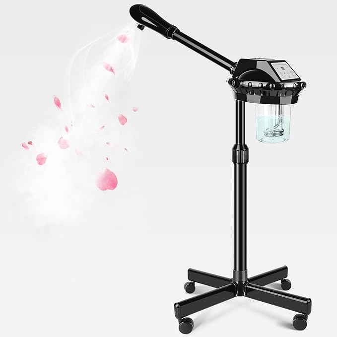 Professional Facial Steamer, Facial Steamer on Wheels, Face Steamer with Time Setting, Stand Face Steamer Adjustable Height for Spa, Salon and at Home use
