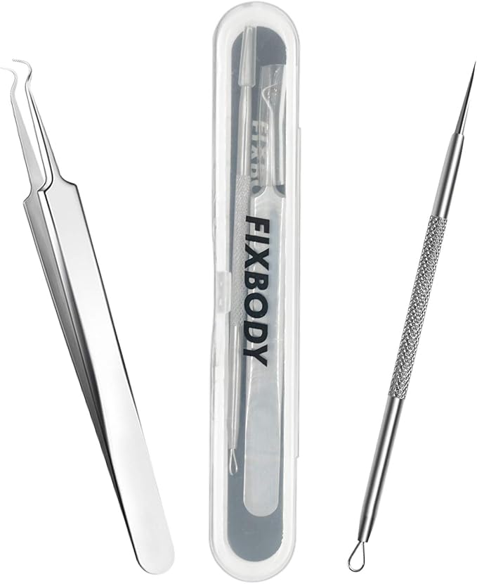 FIXBODY Blackhead and Splinter Remover Tools - Stainless Steel Professional Easily Cure Pimples Whiteheads Comedones Acne Zit Ingrown Hairs and Facial Impurities Bend Head Tweezer Surgical Kit