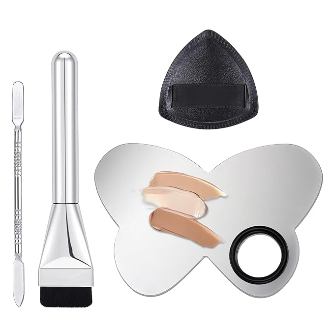 Makeup Mixing Palette Korean Set with Foundation Brush and Spatula, Professional Stainless Steel Butterfly Makeup Palette Reusable Beauty Tools for Facial Cosmetic,Nail Art,Pigment Blending