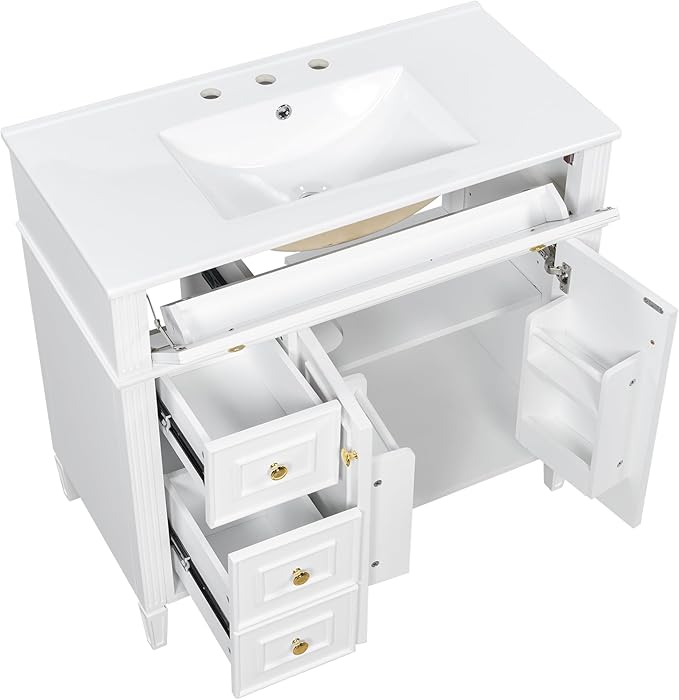 Harper & Bright Designs 36" Bathroom Vanity with Sink, Free Standing Single Basin Vanity Set with Tip-Out Drawer, 2 Drawers, and 2 Doors, Wood Bathroom Cabinet with Ceramic Basin for Bathroom, White