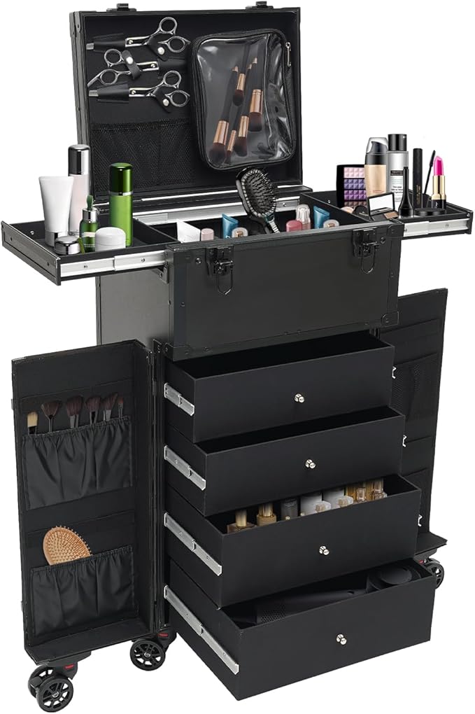 44.09lbs Lockable Makeup Train Case,Rolling Hairdressing Trolley,Beauty Salon Cosmetic Luggage with Universal Wheels for Hair Stylist,Make-up Artists (Black 8)