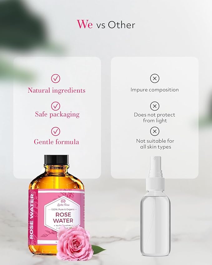 Rose Water Facial Toner by Leven Rose, Pure Natural Moroccan Rosewater Hydrosol Face Spray 4 oz
