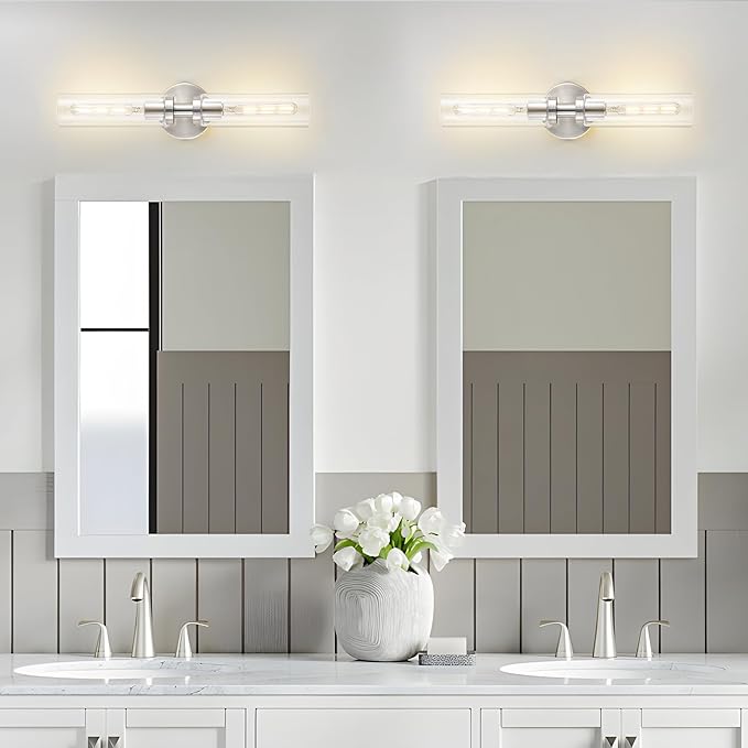 2 Light Bathroom Wall Sconces Set of 2,Modern Farmhouse Brushed Nickel Bathroom Light Fixture Over Mirror with Clear Glass Shade,Vanity Light for Hallway Cabinet Bedroom Stairway Porch
