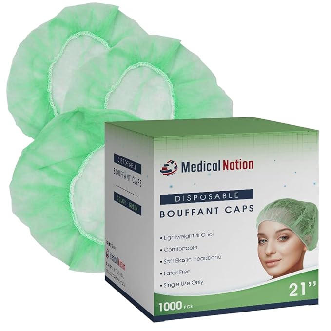21" Disposable Bouffant Caps Hair Net | CASE OF 1000, Green | Hairnets, Non-Pleated Head Hair Covers |For Medical, Labs, Nurse, Tattoo, Food Service, Hospital, Cooking - Size 21" Green