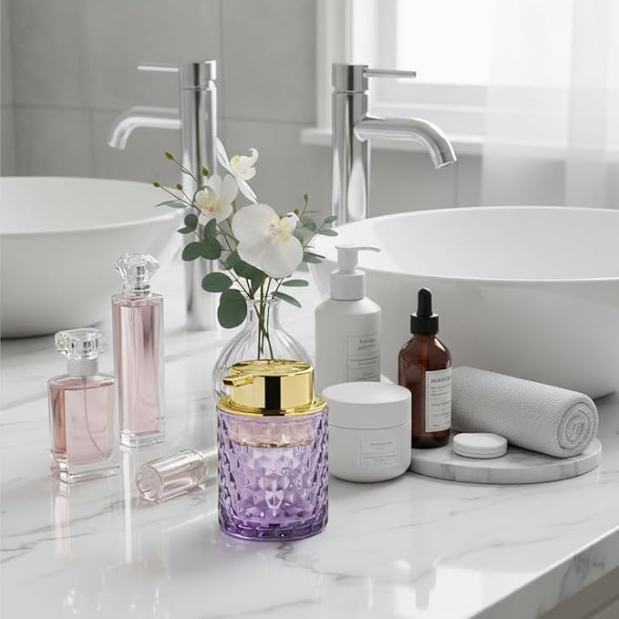 Purple Glass Foaming Soap Dispenser, Bathroom Refillable 10 Oz Foam Hand Soap Dispenser, Vintage Lotion Shampoo Container Gold Large Pump Bottle for Bathroom Countertop and Kitchen Decor