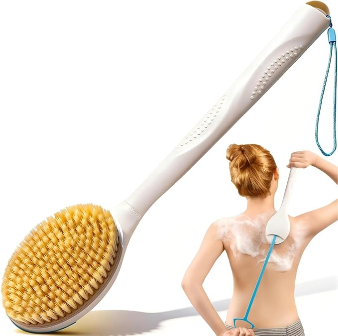 BUBBLEDANCE® Back Scrubber for Shower with Extendable Long Handle (17.5-31.9"), 1.3X Larger Natural Stiff Bristles, Anti-Slip Shower Brush for Deep Exfoliating, Bath & Dry Brushing