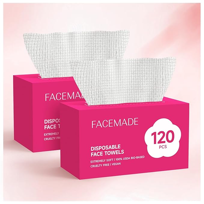 FACEMADE 240 Count (2 packs) Disposable Face Towels, 100% USDA Biobased Face Towelettes Disposable, Clean Facial Towels for Makeup and Clean Skin, Super Soft and Thick Dry Wipes Club