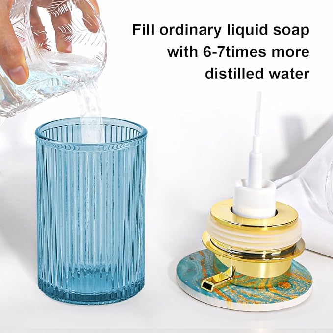 Foaming Soap Dispenser, 12 Oz Blue Glass Foam Hand Soap Dispenser, Refillable Glass Foam Pump Bottle Container Decorative Slim Ribbed Bottle for Bathroom and Kitchen