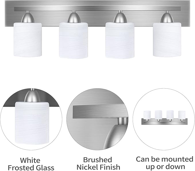 Bathroom Vanity Light Fixture, 4-Light Modern Bathroom Lights with Glass Shade, Brushed Nickel Bath Lighting Fixtures Over Mirror, Hollywood Style Interior Wall Sconce for Makeup Dressing Table