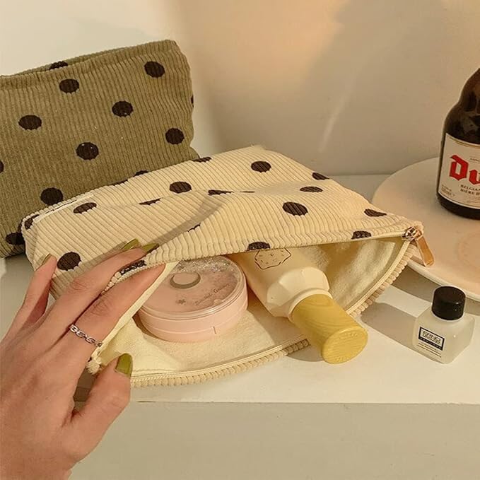 SxoSyo Cosmetic Bags for Women Makeup Bag Large Capacity Purse Travel Toiletries Zipper Storage Pouch Make up Brushes Organizer for Gifts (Corduroy, White dot)