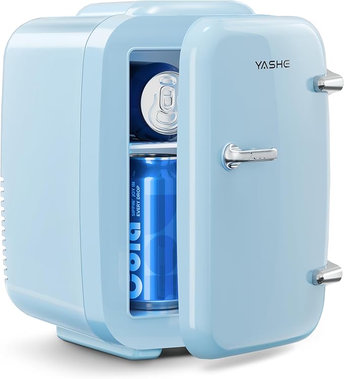Mini Fridge, 4 Liter/6 Can Mini Makeup Fridge, 110V AC/ 12V DC Portable Thermoelectric Cooler&Warmer for Skincare, Drink, Cosmetic, Medicine, Small fridge for Bedroom, Office, Dorm, Car, Blue