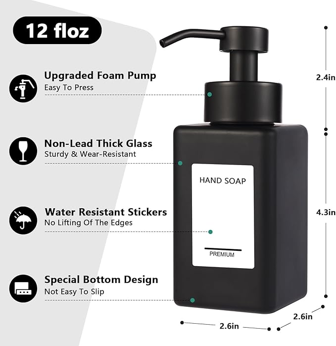 Black Foaming Hand Soap Dispenser 2 Pack,12oz/350ml Glass Foaming Soap Dispenser Set with Stainless Steel Pump, Square Refillable Foam Pump Bottles for Bathroom&Kitchen,Includes 6 Labels