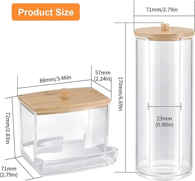 2 PCS Cotton Swab Dispenser, Pad Holder with Bamboo Lids, Qtip Bathroom Qtip Storage Container Bathroom Canisters with Lids, Cotton Round Dispenser for Floss Hair Ties Jewelry