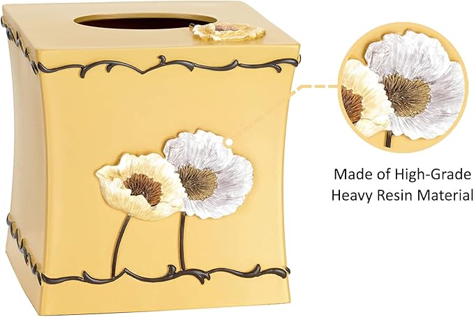 Zahari Home 2pc Poppy Fields Modern Bath Accessories Set Waste Basket & Tissue Box Modern Classic Contemporary Decorative Beautiful Designs Bathroom Decor Set for Home Luxury Yellow Bath Set
