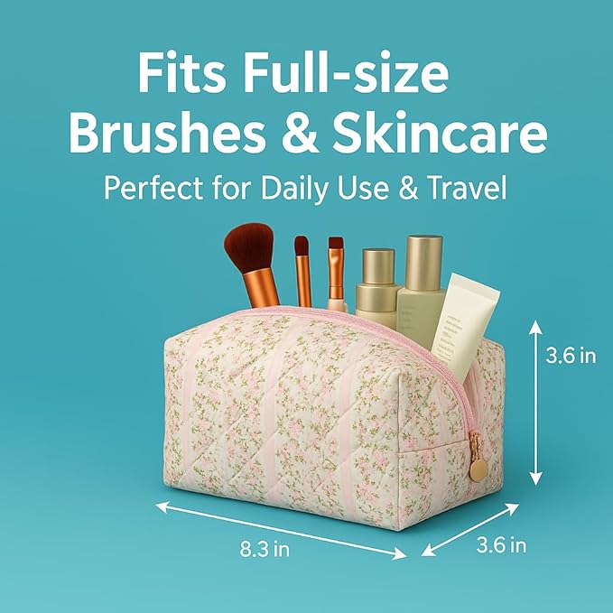 Floral Quilted Cotton Makeup Bag for Women, Large Capacity Travel Cosmetic Pouch with Zipper, Cute Toiletry & Brush Organizer, Kawaii Makeup Storage Case – Pink Floral