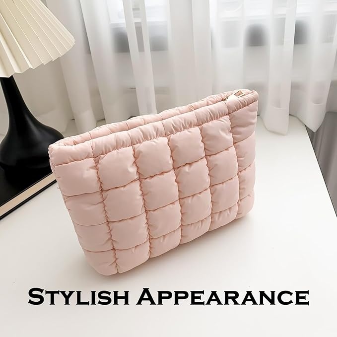 Puffy Quilted Makeup Bag for Women, Cosmetic Bag, Travel Toiletry Organizer Pouch Clutch (pink)