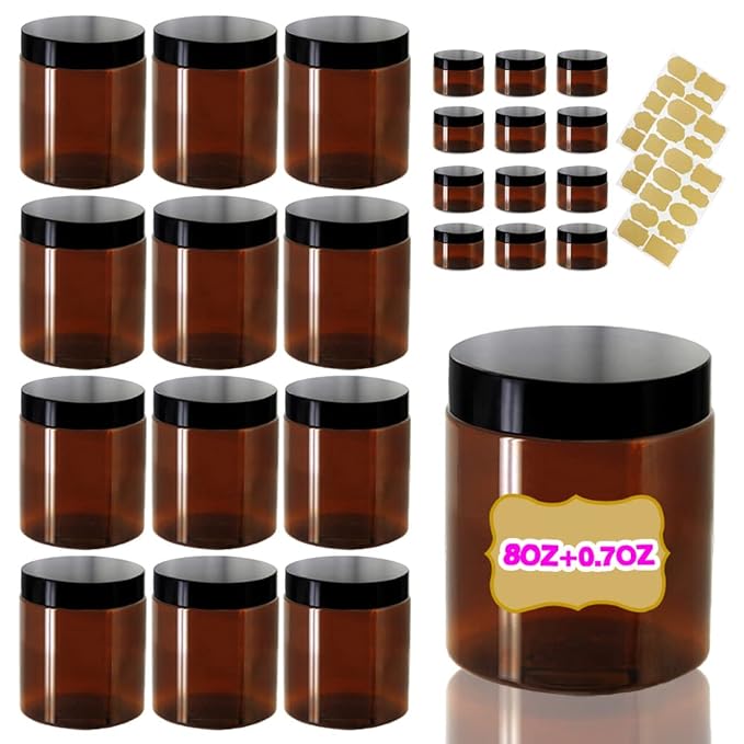 8oz Amber Plastic Jars with Lids 8 oz Plastic Containers with Lids + 20g Sample Containers (Set of 24) Airtight Container for Lip Scrub, Body Butters, Cream, Slime, Craft Storage