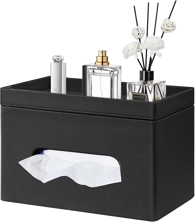 Fanousy Large Tissue Box Cover Rectangle with Tray on Top, PU Leather Facial Tissue Holder with Storage, Fits 230-Count Family Size Kleenex, Modern Nightstand Organizer for Bathroom Office Home Decor