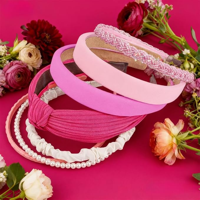 AHONEY 7 Pack Hot Pink Headbands for Girls Women Headbands Trendy Non Slip Hairbands Cute Hair Accessories Multi-style Headband Pack Diademas Para Mujer