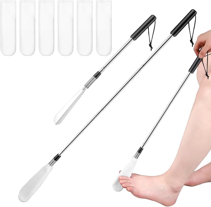Toe Cleaning Brush Lotion Applicator for Feet with 6 Reusable Drying Covers Foot Cleaner with Telescopic Stainless Steel 16-30 Inch Handle Toe Scrubber for Seniors Elderly Disabled Men Women